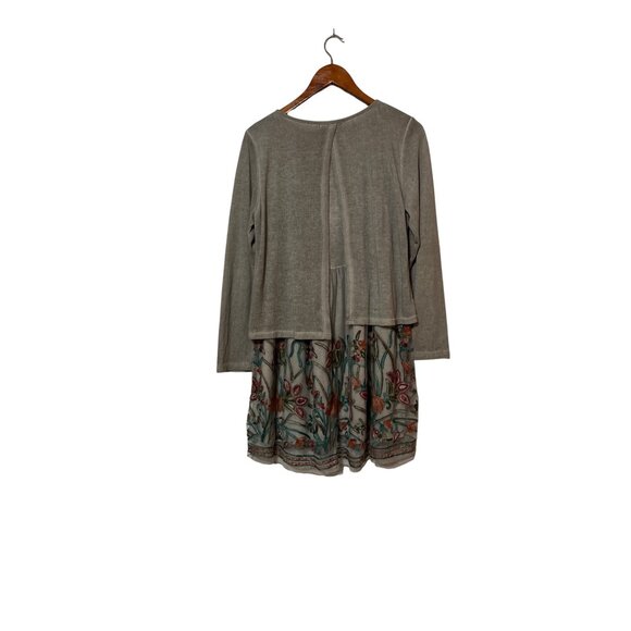 Womens Beige Tunic Top With Sheer Embroidered Floral Hem Size M Cottage Artwear - Picture 2 of 6